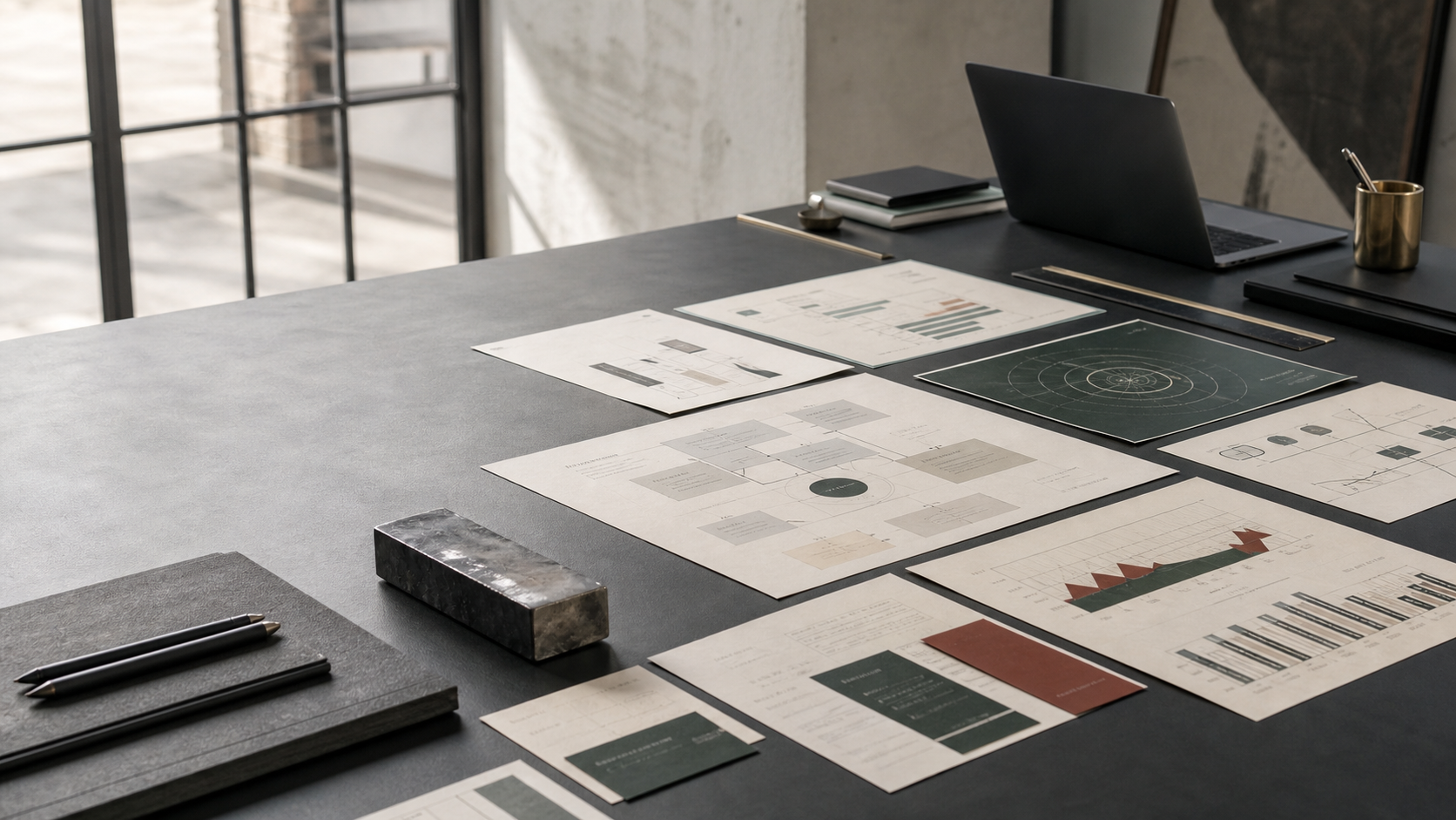 Printed strategy frameworks and models laid out on a dark worktable